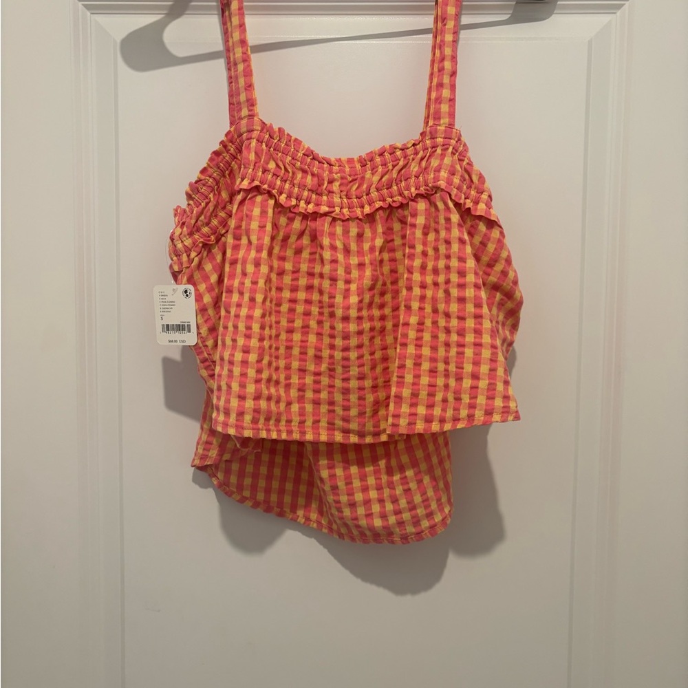 Free People Pink and Yellow Checkered Crop Top